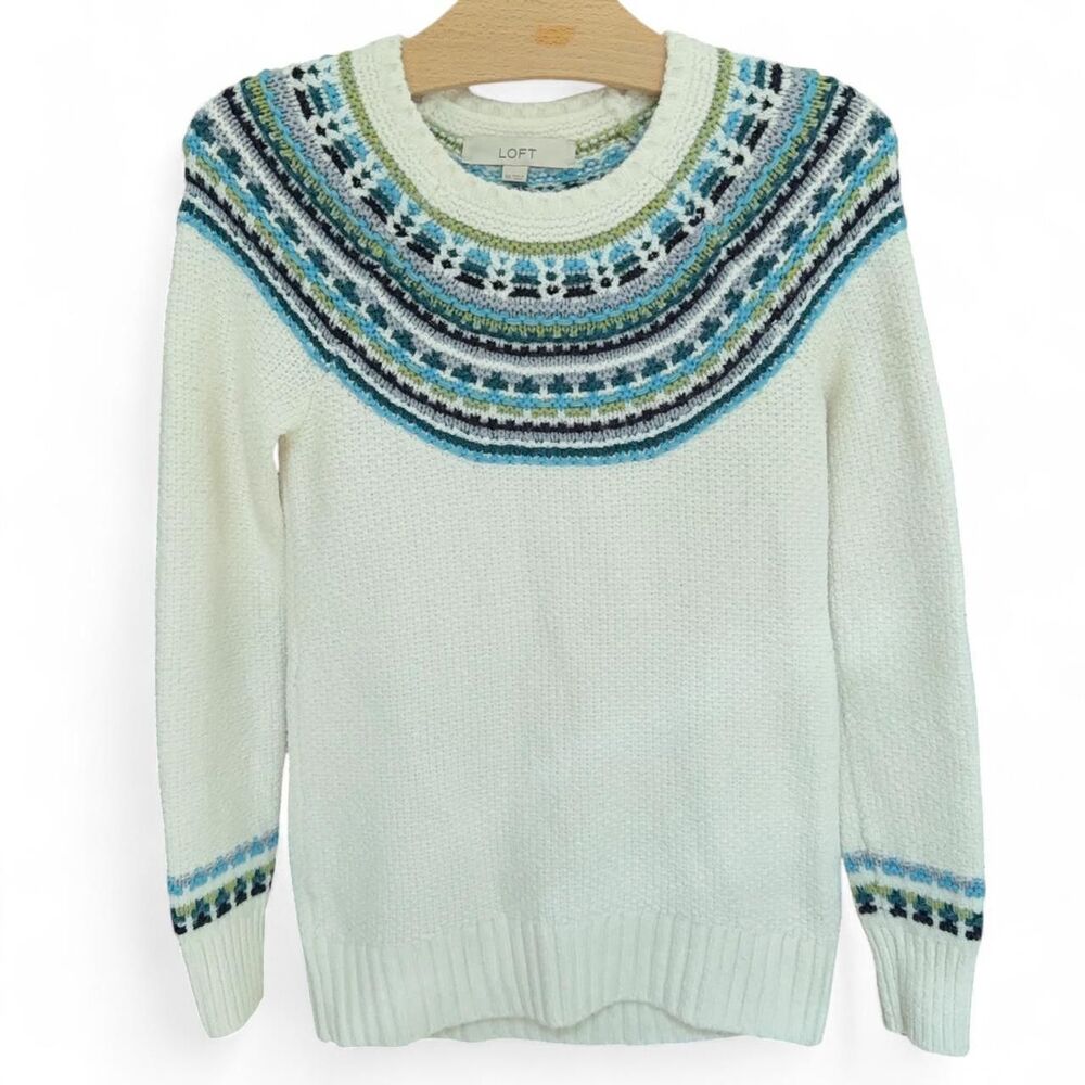 LOFT white blue Fair Isle Yoke Knit Sweater size XS